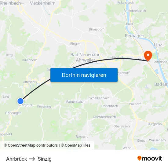 Ahrbrück to Sinzig map