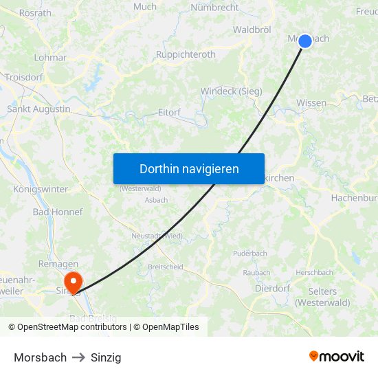 Morsbach to Sinzig map