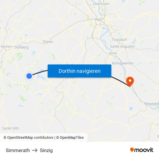 Simmerath to Sinzig map