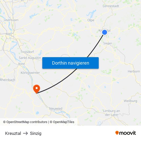 Kreuztal to Sinzig map