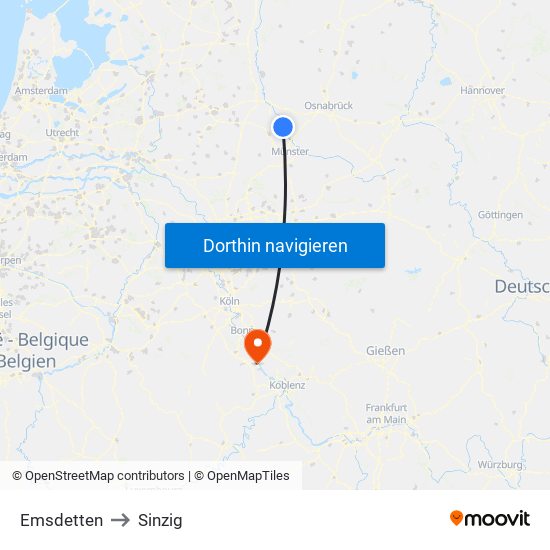 Emsdetten to Sinzig map