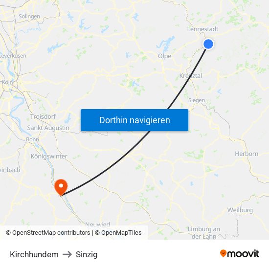 Kirchhundem to Sinzig map