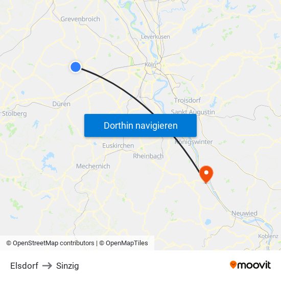 Elsdorf to Sinzig map