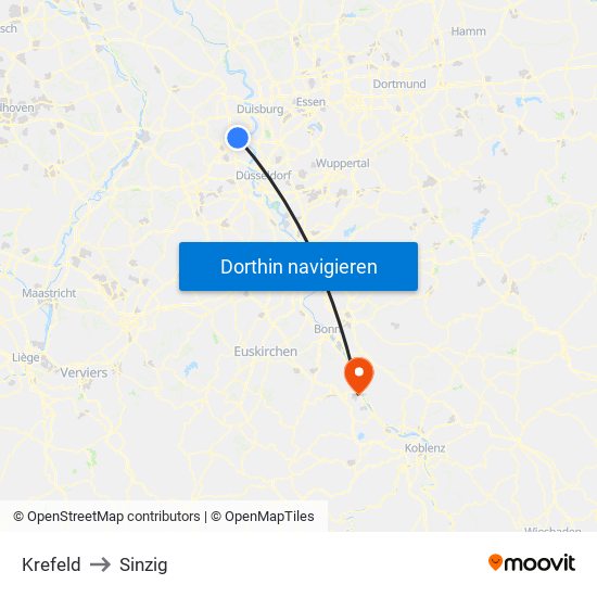 Krefeld to Sinzig map