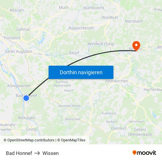 Bad Honnef to Wissen map