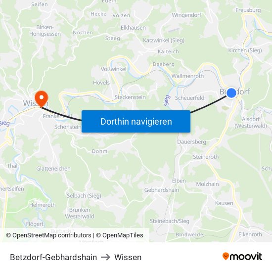 Betzdorf-Gebhardshain to Wissen map