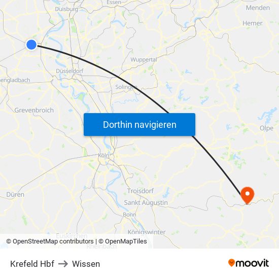 Krefeld Hbf to Wissen map