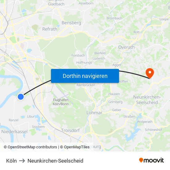 Köln to Neunkirchen-Seelscheid map