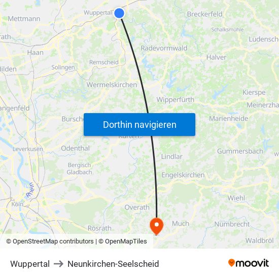 Wuppertal to Neunkirchen-Seelscheid map