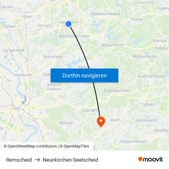 Remscheid to Neunkirchen-Seelscheid map