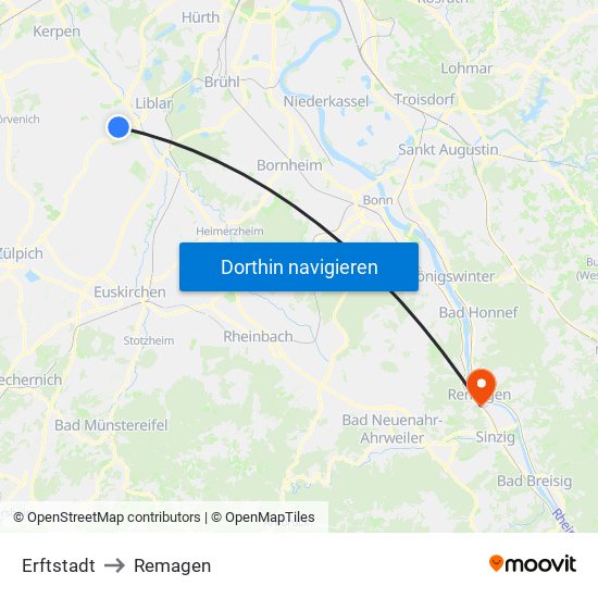 Erftstadt to Remagen map