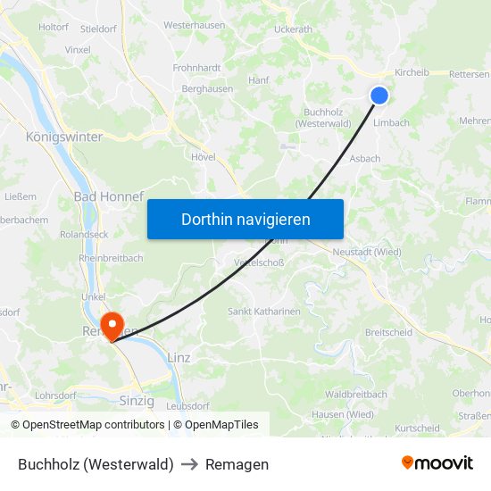 Buchholz (Westerwald) to Remagen map