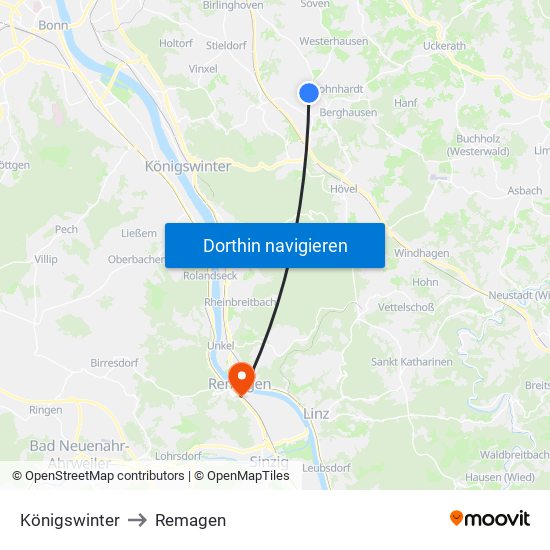 Königswinter to Remagen map