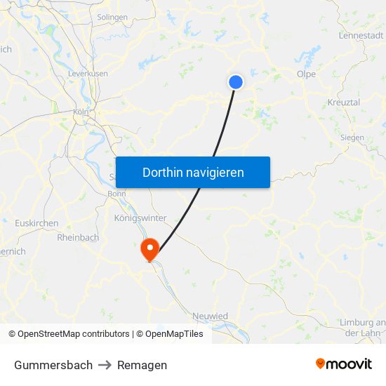 Gummersbach to Remagen map