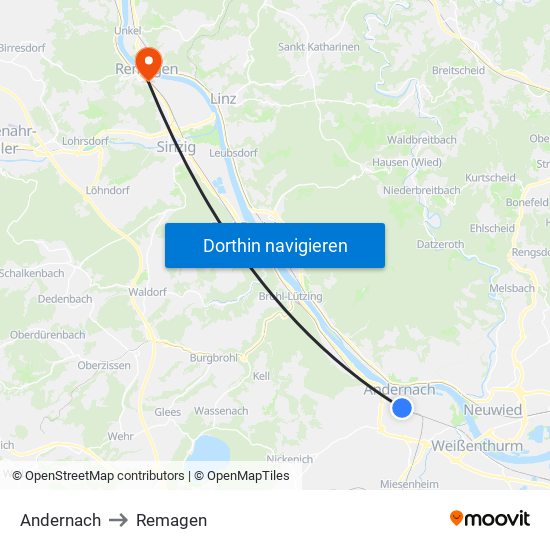 Andernach to Remagen map