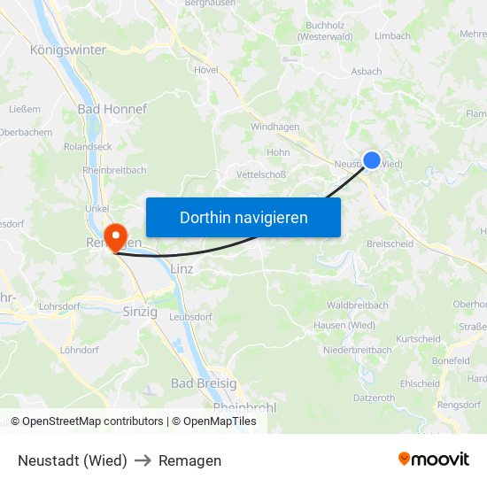 Neustadt (Wied) to Remagen map