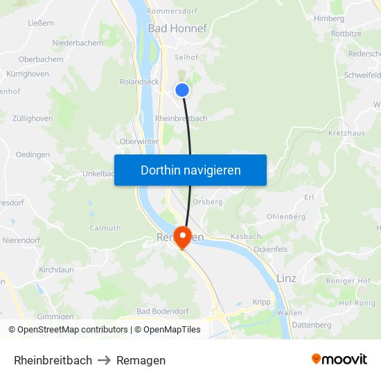 Rheinbreitbach to Remagen map