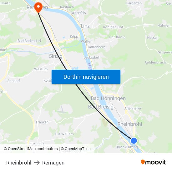 Rheinbrohl to Remagen map