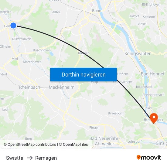 Swisttal to Remagen map