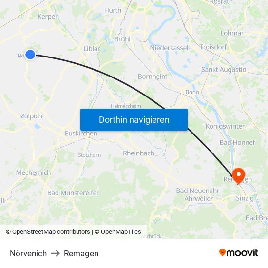 Nörvenich to Remagen map