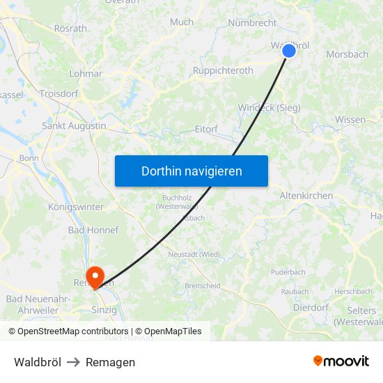 Waldbröl to Remagen map