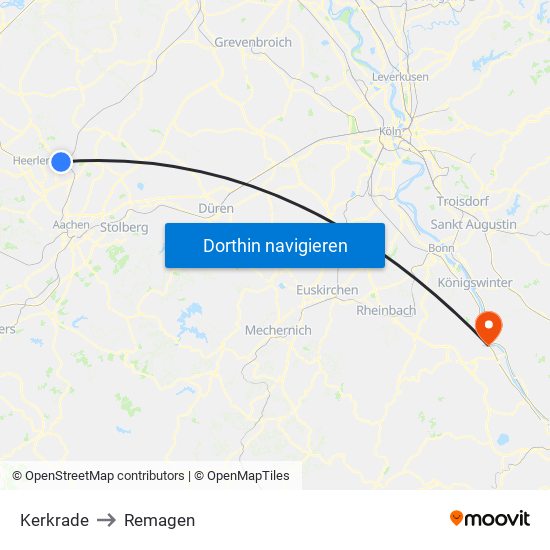 Kerkrade to Remagen map