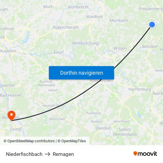 Niederfischbach to Remagen map