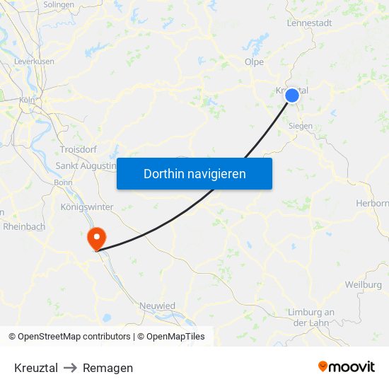 Kreuztal to Remagen map