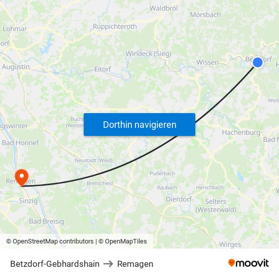 Betzdorf-Gebhardshain to Remagen map