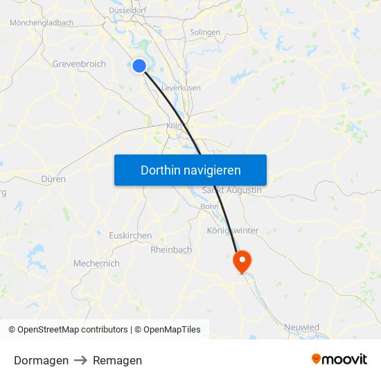Dormagen to Remagen map