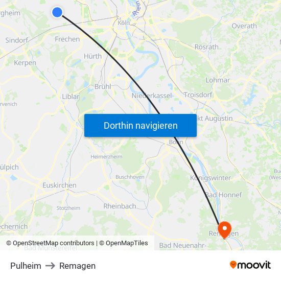 Pulheim to Remagen map