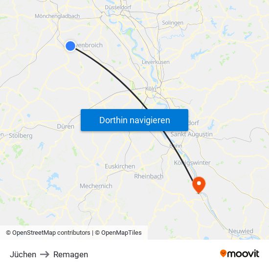 Jüchen to Remagen map