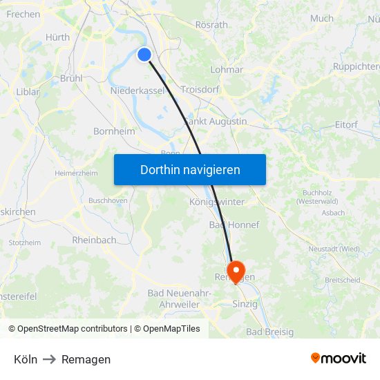 Köln to Remagen map