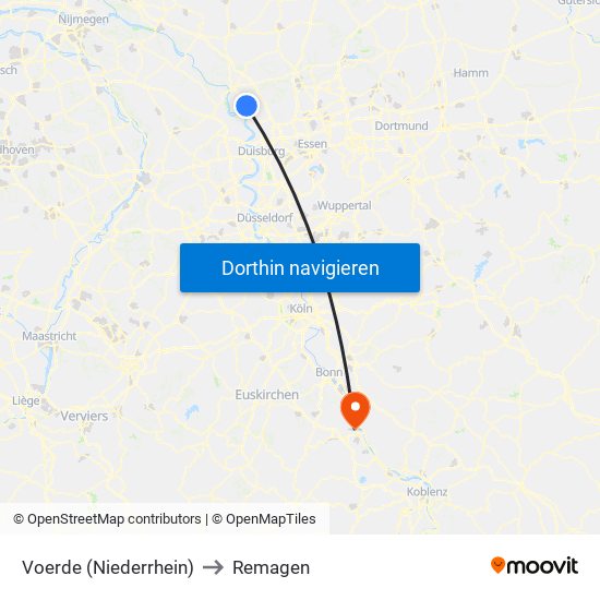 Voerde (Niederrhein) to Remagen map