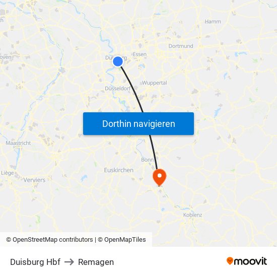 Duisburg Hbf to Remagen map
