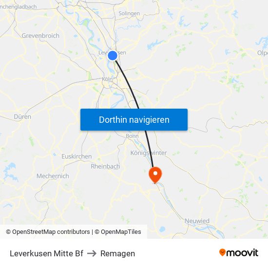 Leverkusen Mitte Bf to Remagen map