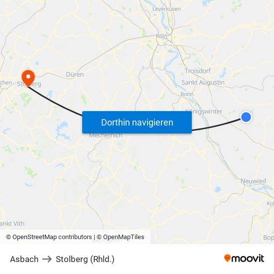 Asbach to Stolberg (Rhld.) map