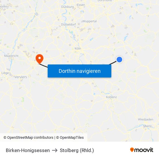 Birken-Honigsessen to Stolberg (Rhld.) map