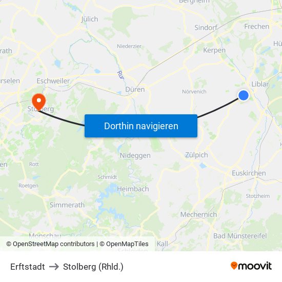 Erftstadt to Stolberg (Rhld.) map