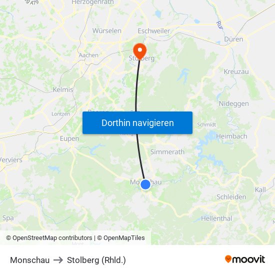 Monschau to Stolberg (Rhld.) map