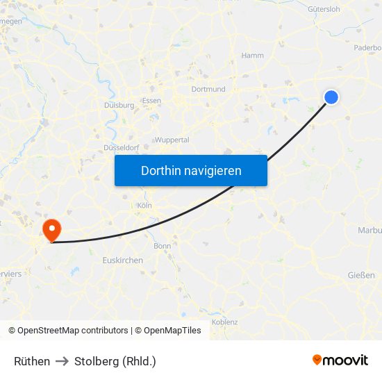 Rüthen to Stolberg (Rhld.) map