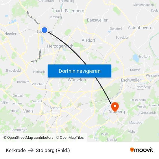 Kerkrade to Stolberg (Rhld.) map