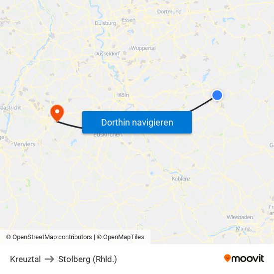 Kreuztal to Stolberg (Rhld.) map