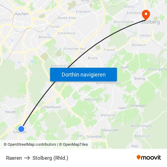 Raeren to Stolberg (Rhld.) map