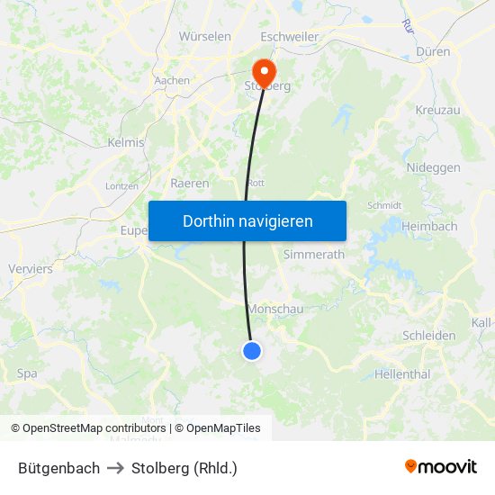 Bütgenbach to Stolberg (Rhld.) map