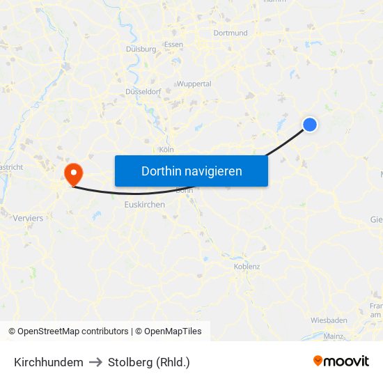 Kirchhundem to Stolberg (Rhld.) map