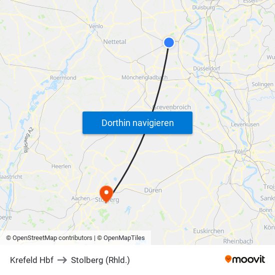 Krefeld Hbf to Stolberg (Rhld.) map