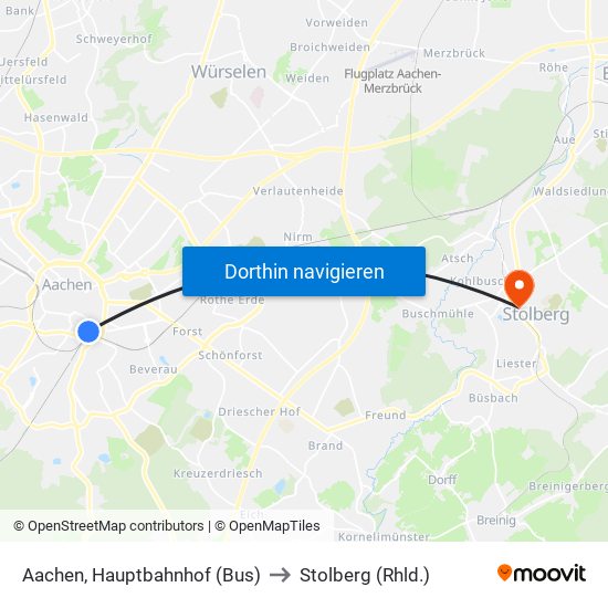 Aachen, Hauptbahnhof (Bus) to Stolberg (Rhld.) map