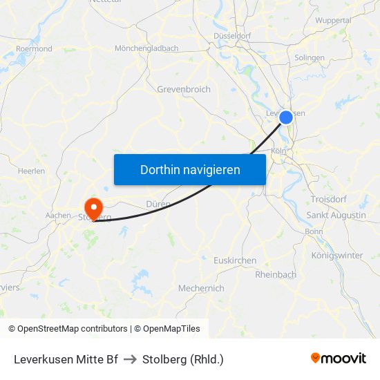 Leverkusen Mitte Bf to Stolberg (Rhld.) map