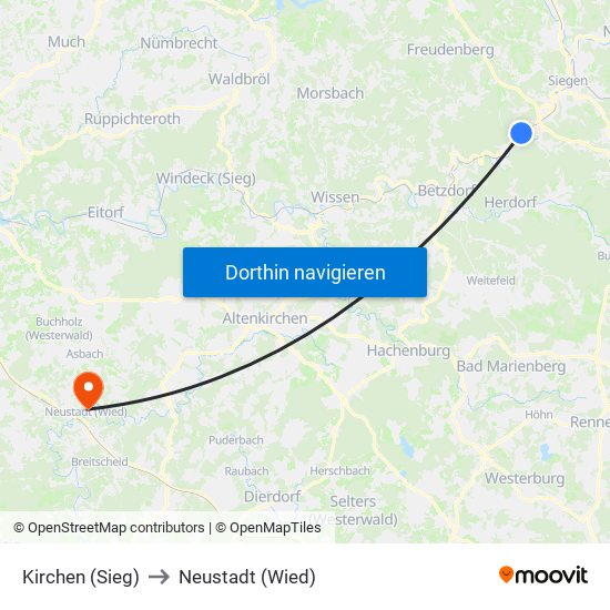 Kirchen (Sieg) to Neustadt (Wied) map